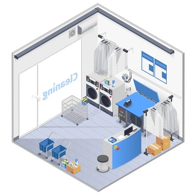 Laundry Interior isometric composition with washing machines and reception vector illustration