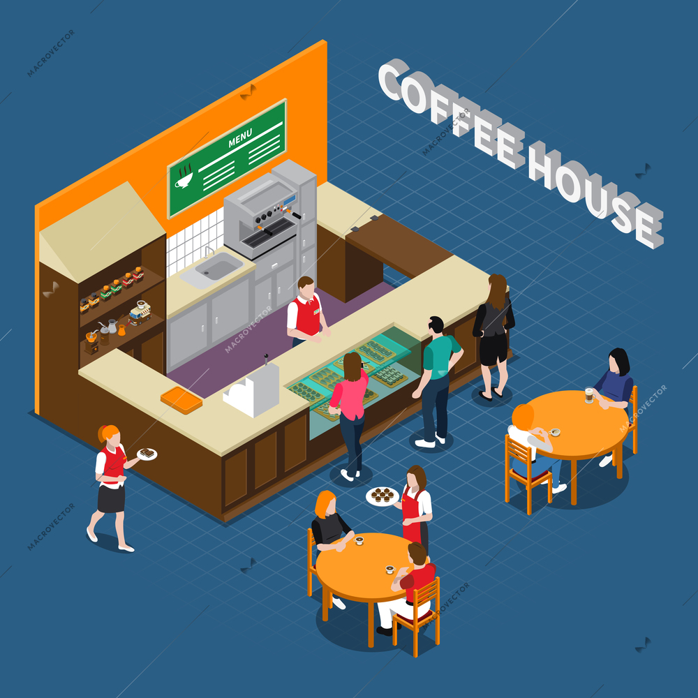 Coffee house isometric composition with barista behind counter waiters and clients on blue textured background vector illustration