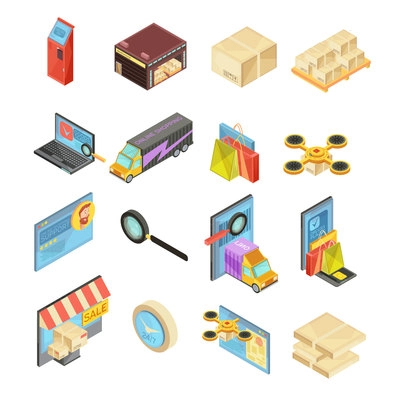 Internet store isometric set with search of goods, warehouse, delivery tracking, online payment, package isolated vector illustration
