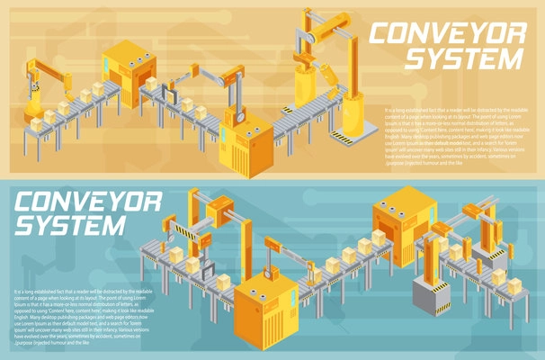 Isometric horizontal banners with conveyor system including welding and packaging on textured background isolated vector illustration