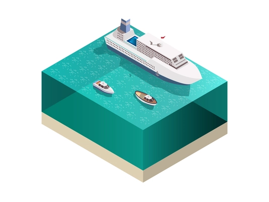 Ships tourists composition with isometric image of water and passenger ocean-going ship with cruisers awash vector illustration
