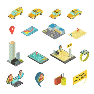 Taxi and gadgets isometric set including cars, houses, payment card, map, smart watch, baggage isolated vector illustration