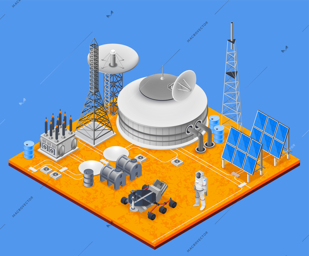 Space station isometric concept with solar energy symbols vector illustration