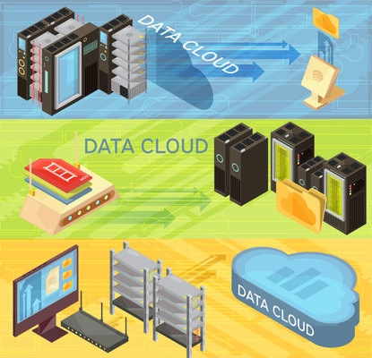 Set of horizontal isometric banners with data cloud, information transfer, router, hosting servers, computer isolated vector illustration