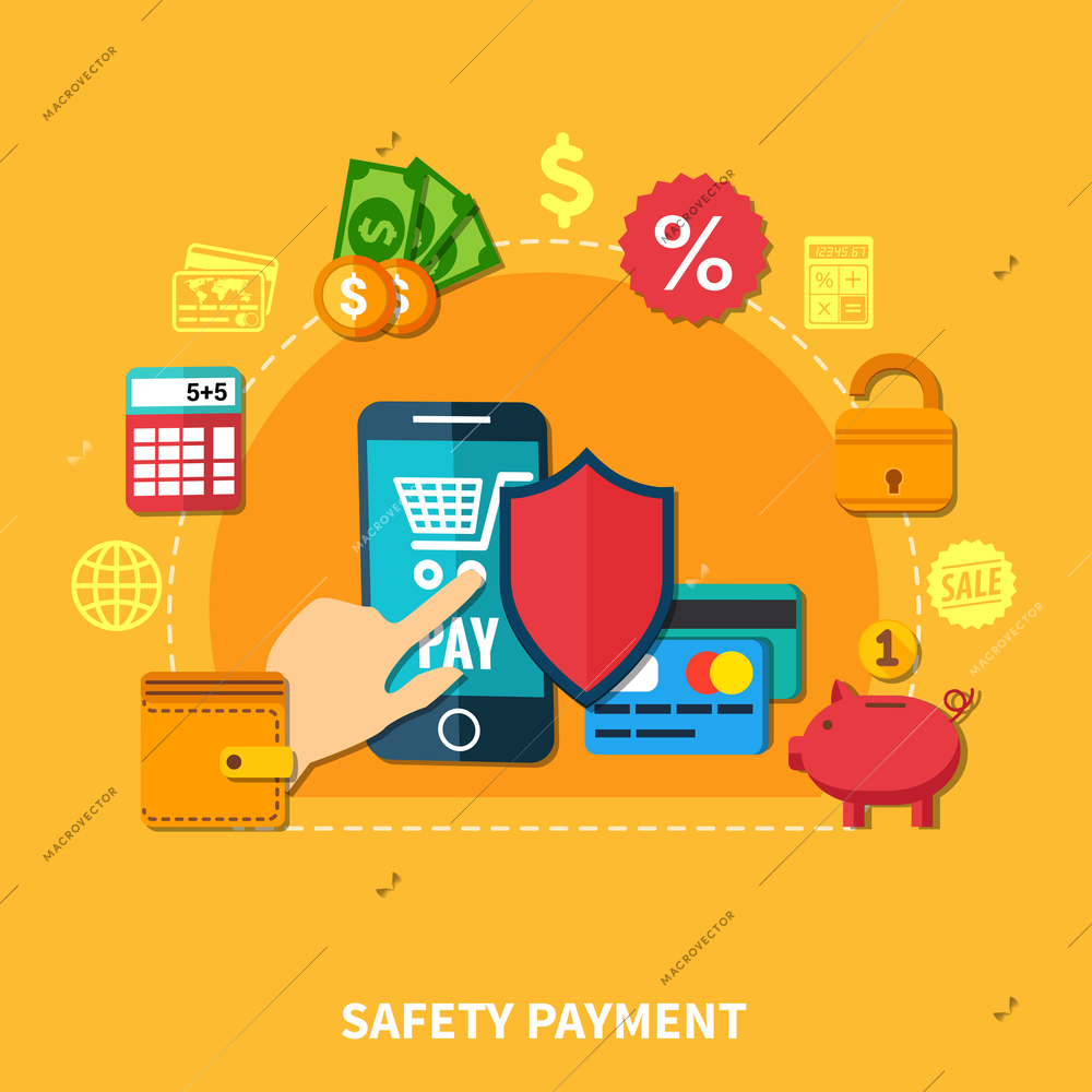 Ecommerce colored flat composition with tools for pay and safety payments headline vector illustration