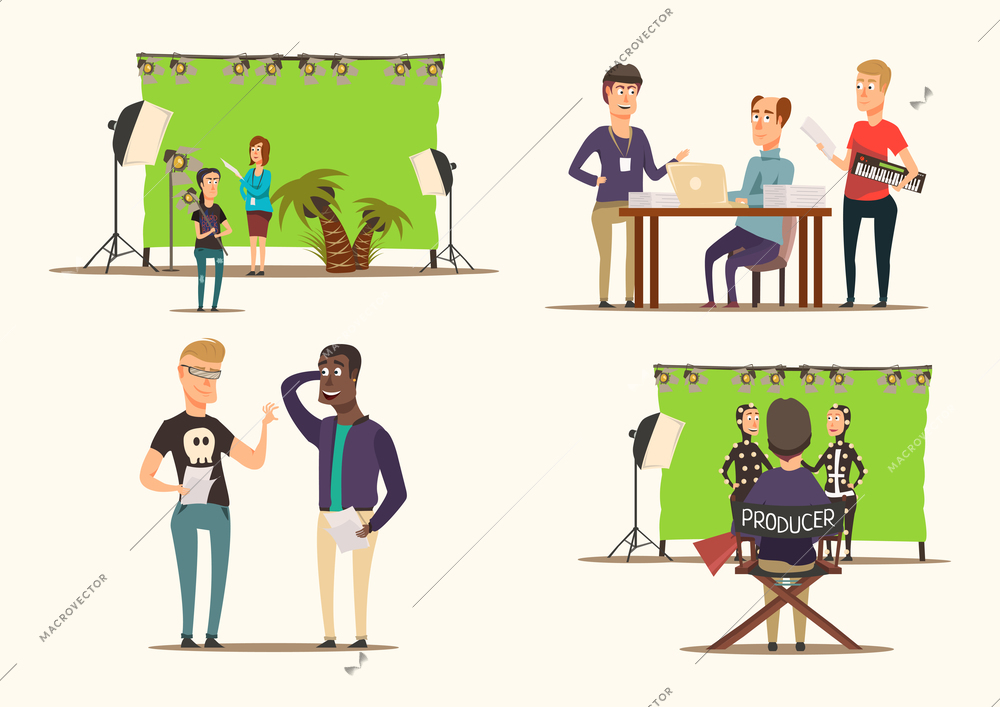 Movie making process and shooting team characters 2x2 flat concept isolated on white background vector illustration
