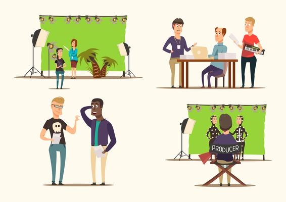 Movie making process and shooting team characters 2x2 flat concept isolated on white background vector illustration