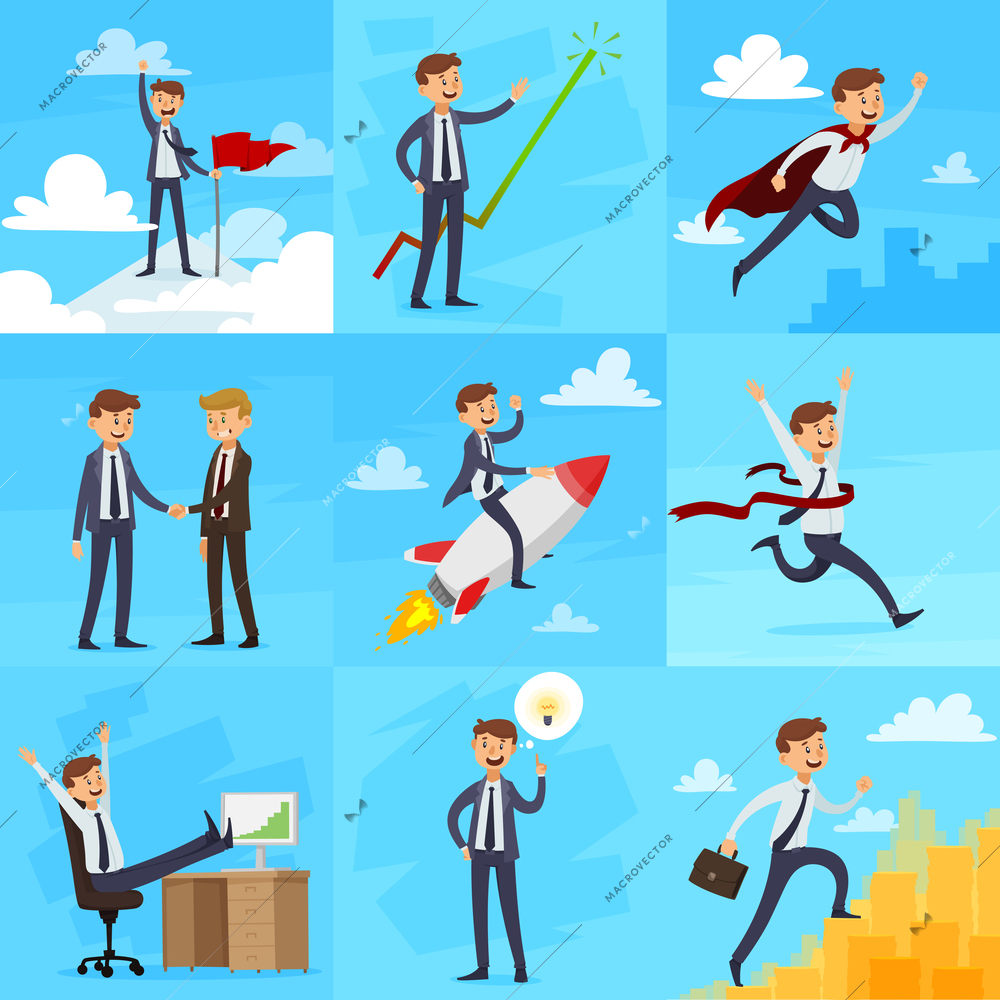 Career growth set of icons with targets partnership superman winner successful work creativity climbing isolated vector illustration