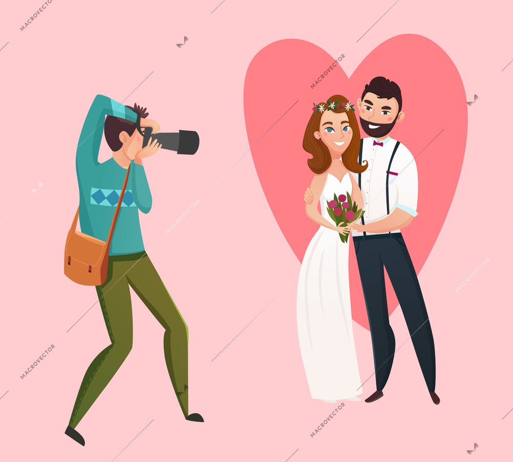 Newlyweds photographing design concept with Bride groom and wedding photographer figurines flat vector illustration