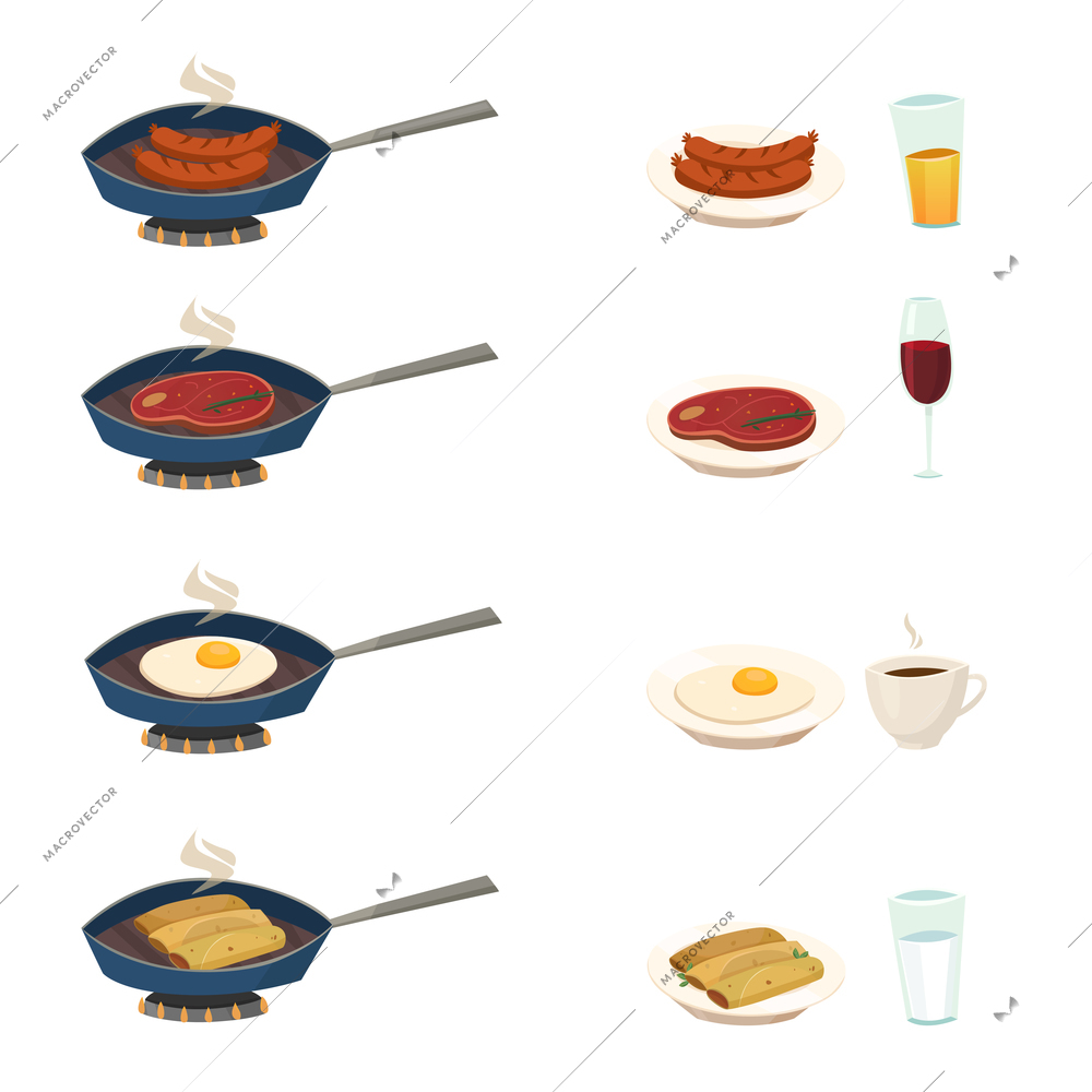 Pan set with traditional breakfast dishes so as fried frankfurter pancakes meat eggs vector illustration