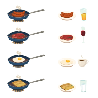 Pan set with traditional breakfast dishes so as fried frankfurter pancakes meat eggs vector illustration