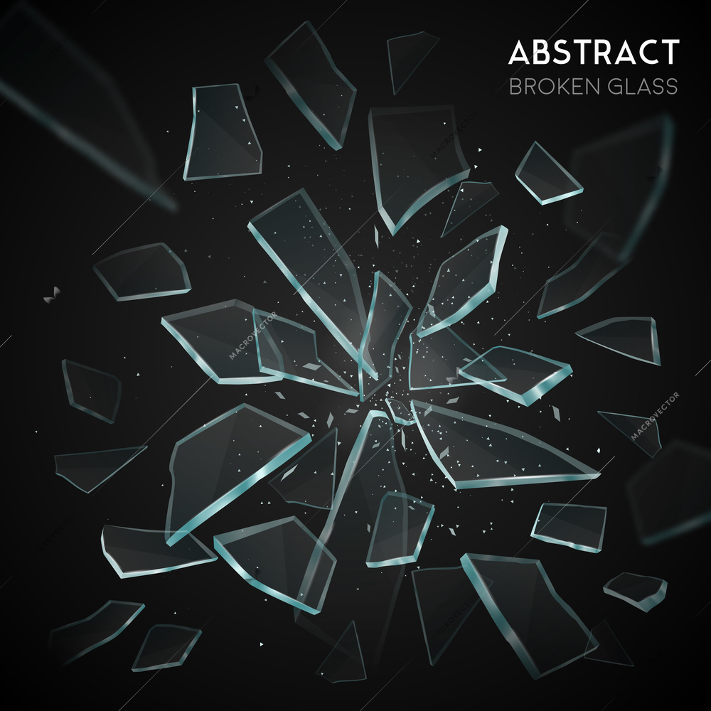 Broken glass shatters various geometric forms sharp pieces spreading and flying apart on black background  vector illustration