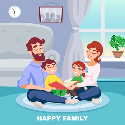 Happy family in home interior cartoon poster with mother father son and daughter reading book together  flat vector illustration