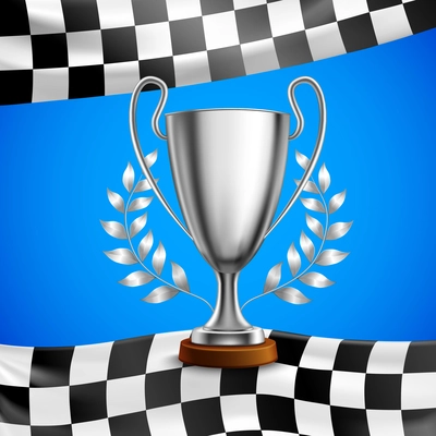 Silver race winner trophy with metal bay laurel wreath branches on checkered flag blue background vector illustration