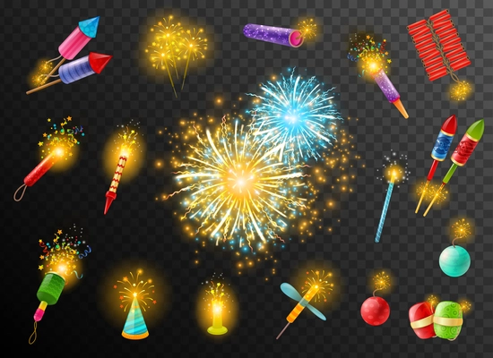 Festive pyrotechnic effects on dark background poster with bengal indian lights firecrackers rockets bombs colorful vector illustration