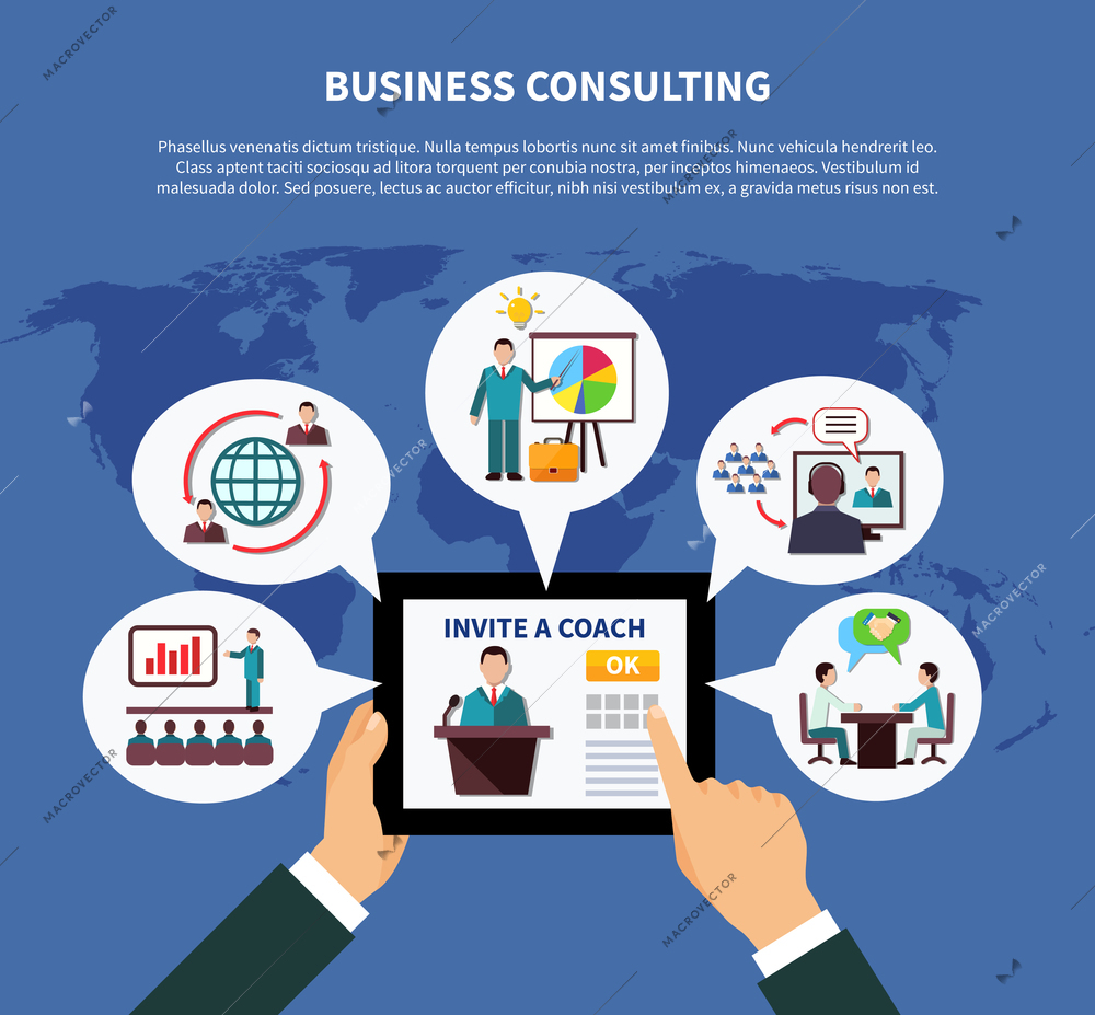 Business online composition with tablet and thought bubble inscribed commercial presentation images on world map background vector illustration