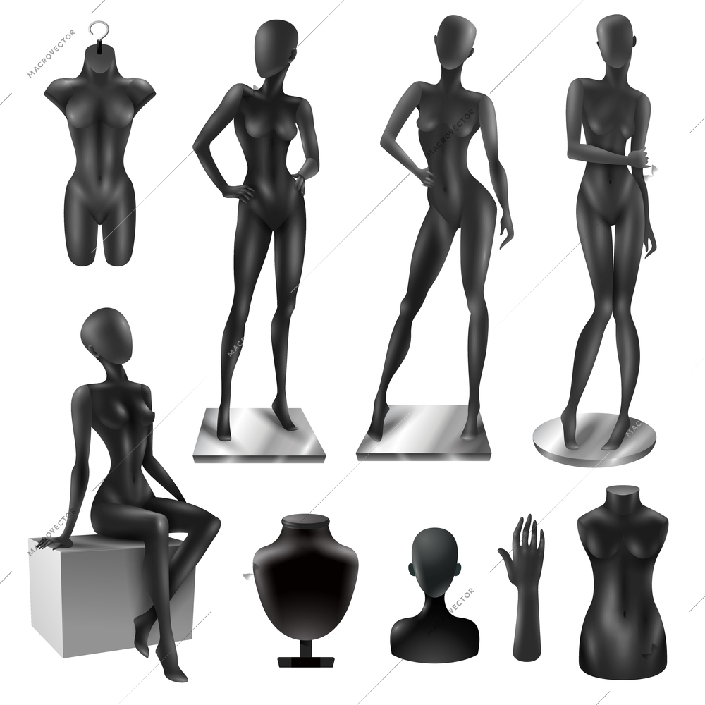 Retail window display black realistic fashion female full body movable joints and partial mannequins collection vector illustration