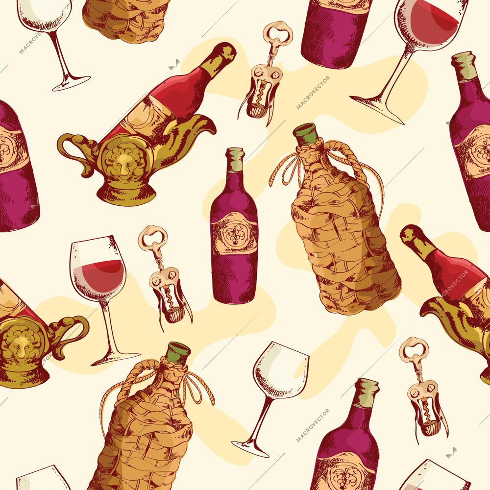 Wine vintage seamless pattern with glass bottle corkscrew vector illustration