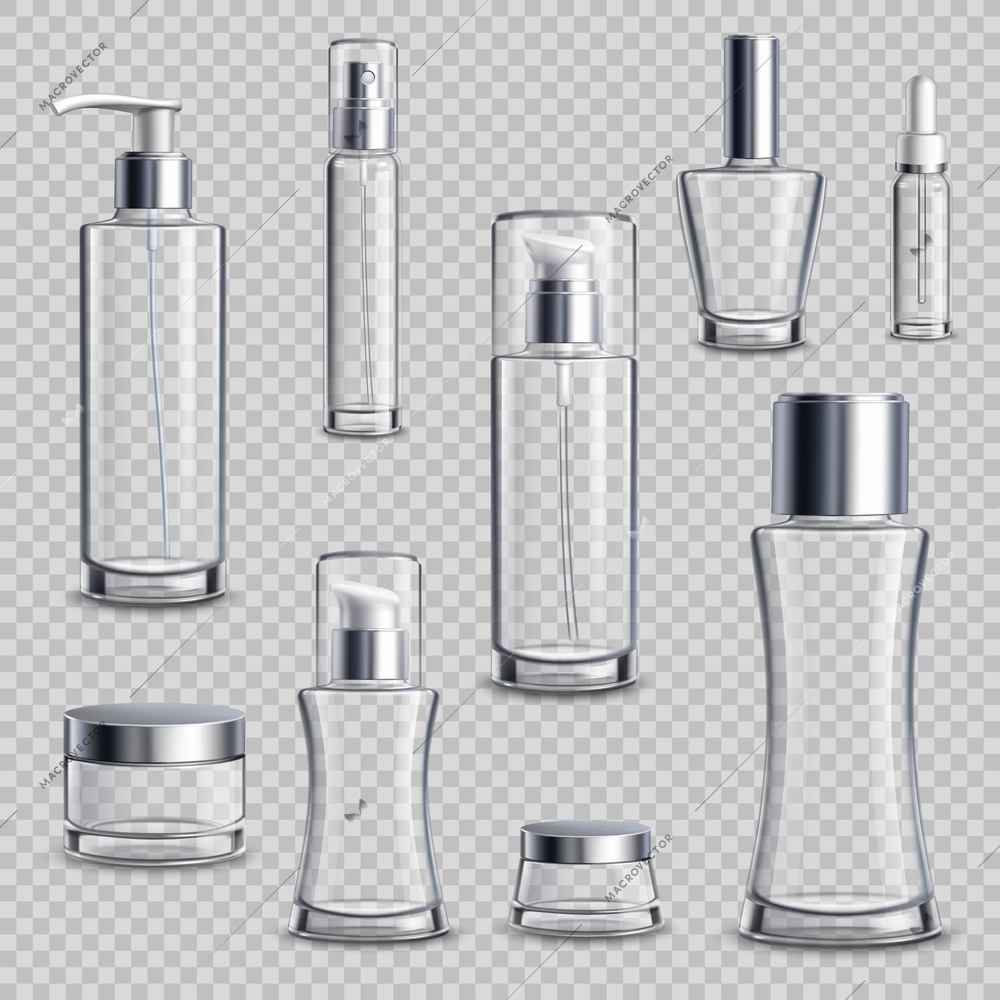 Cosmetics skincare empty glass package samples assortment realistic set wth spray bottles on transparent background vector illustration