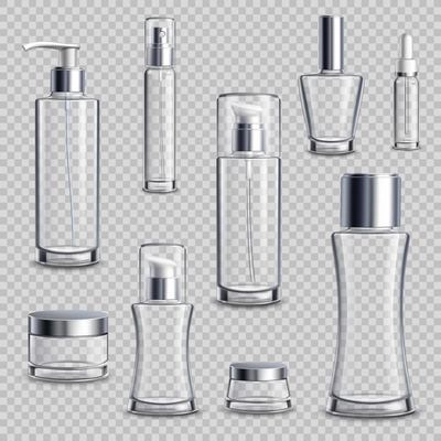 Cosmetics skincare empty glass package samples assortment realistic set wth spray bottles on transparent background vector illustration