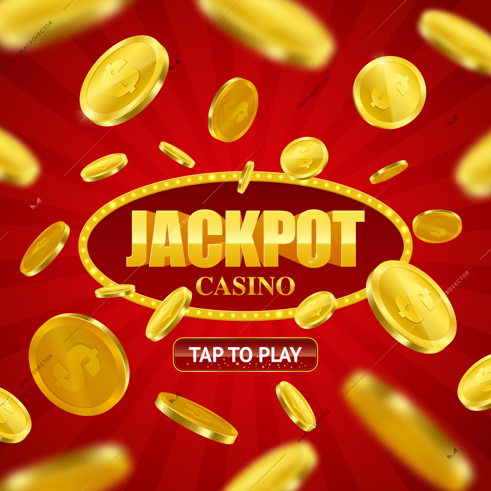 Jackpot casino game online site design with play button option and flying golden coins background vector illustration