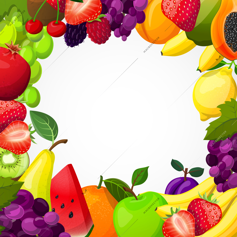 Fruits frame template with papaya pear grape apple kiwi plum lemon berries on white background vector illustration