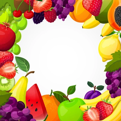 Fruits frame template with papaya pear grape apple kiwi plum lemon berries on white background vector illustration