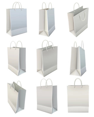 Blank white shopping bag view positions realistic images icons set commercial corporate identity template  isolated vector illustration