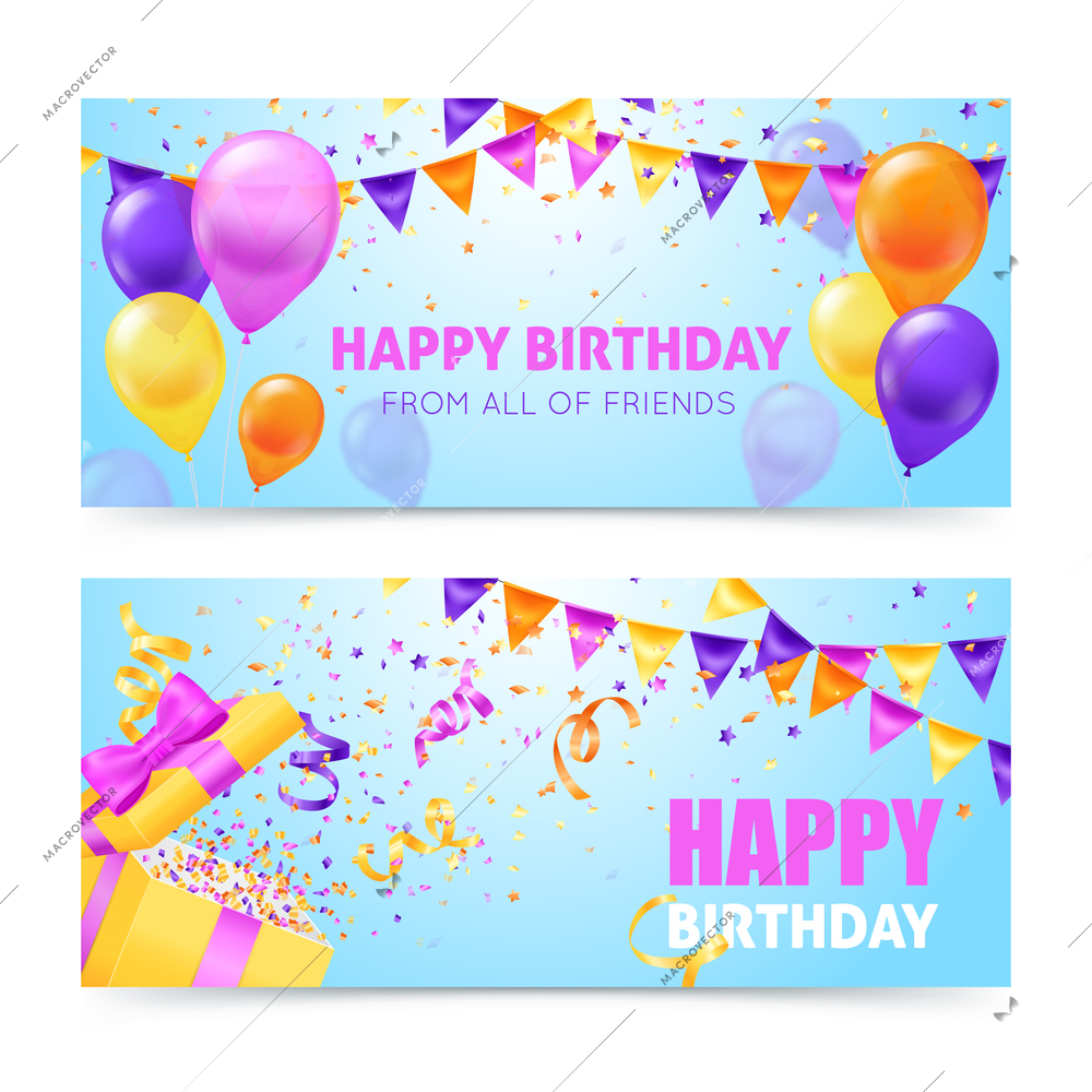 Colorful horizontal birthday party banners with baloons garlands and confetti flat isolated vector illustration