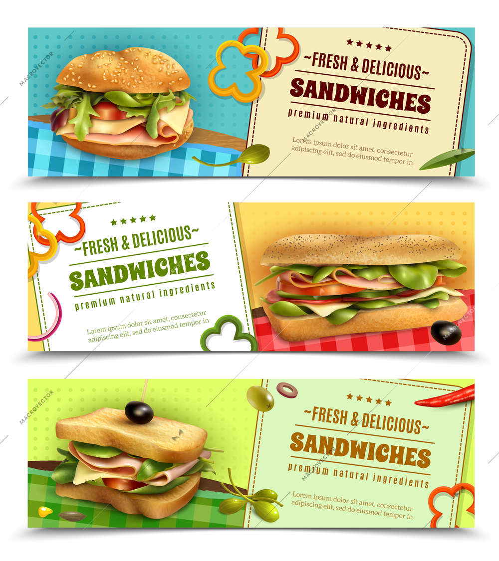 Healthy whole grain sandwiches with natural fresh ingredients 3 horizontal advertisement banners set realistic isolated vector illustration