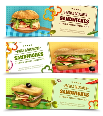Healthy whole grain sandwiches with natural fresh ingredients 3 horizontal advertisement banners set realistic isolated vector illustration