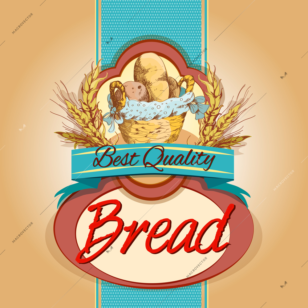 Best quality baked bread food pack label with basket and wheat ear vector illustration