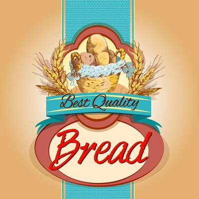 Best quality baked bread food pack label with basket and wheat ear vector illustration