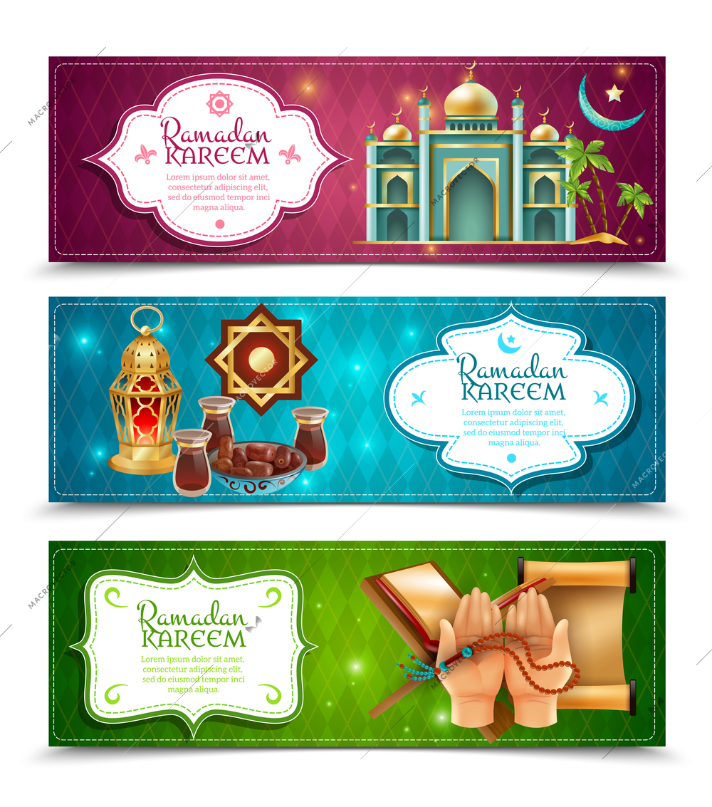 Ramadan kareem muslims religious holy month fasting practice symbols 3 colorful background banners set isolated vector illustration