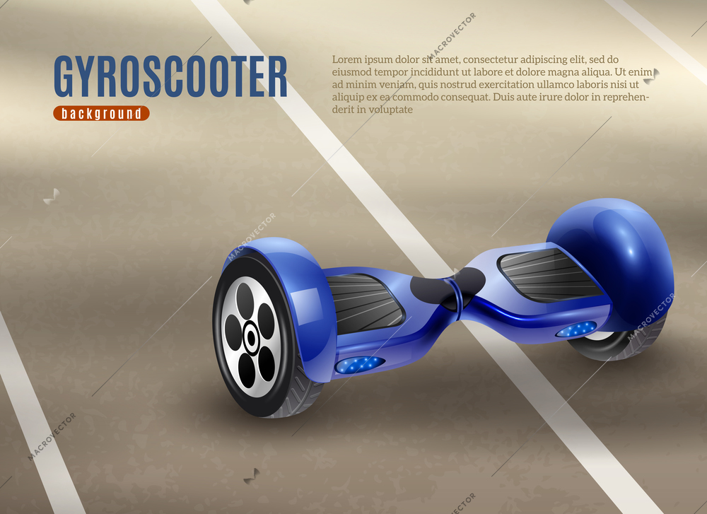 Realistic self-balancing gyro two-wheeled board scooter or hoverboard dark blue with road background poster vector illustration