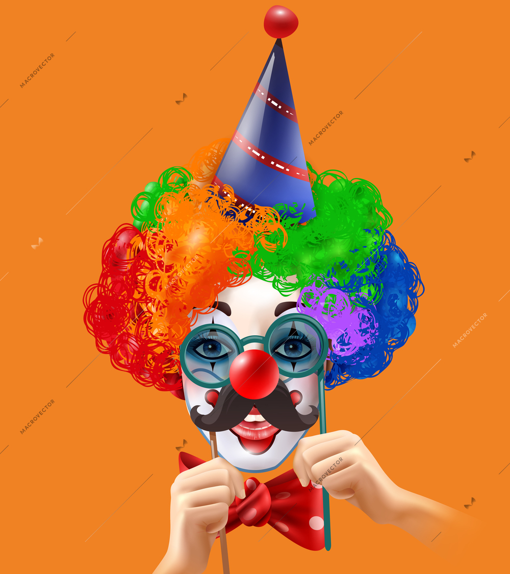 Circus clown smiling face with hands multi color wig and red bow on orange background vector illustration