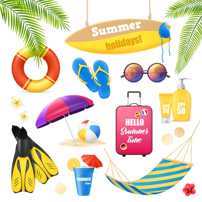 Summer holidays tropical beach vacation accessories realistic images set with surfboard suncream lifebuoy and fins vector illustration