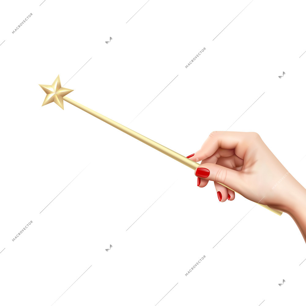 Realistic golden magic wand with star in female hand on white background vector illustration