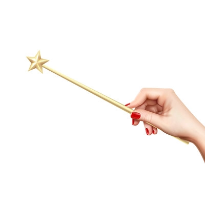 Realistic golden magic wand with star in female hand on white background vector illustration