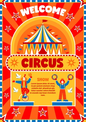 Citrus show vertical advertising poster with flat circus artwork stars tent clown characters and editable text vector illustration