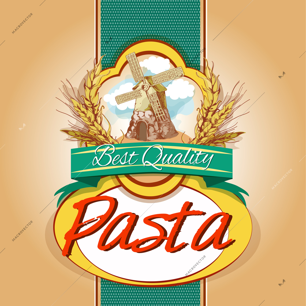 Best quality tasty wheat flour spaghetti pasta pack label with wind mill emblem vector illustration