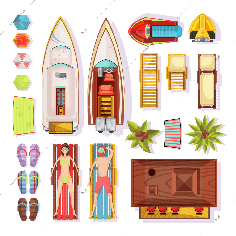 Beach elements top view including people on sunbeds slippers parasols boats water motorbikes bar isolated vector illustration