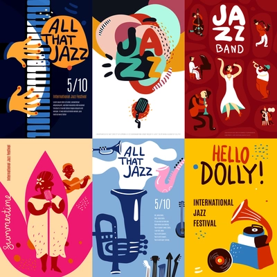 Colorful jazz festival musicians singers and musical instruments poster set flat isolated vector illustration