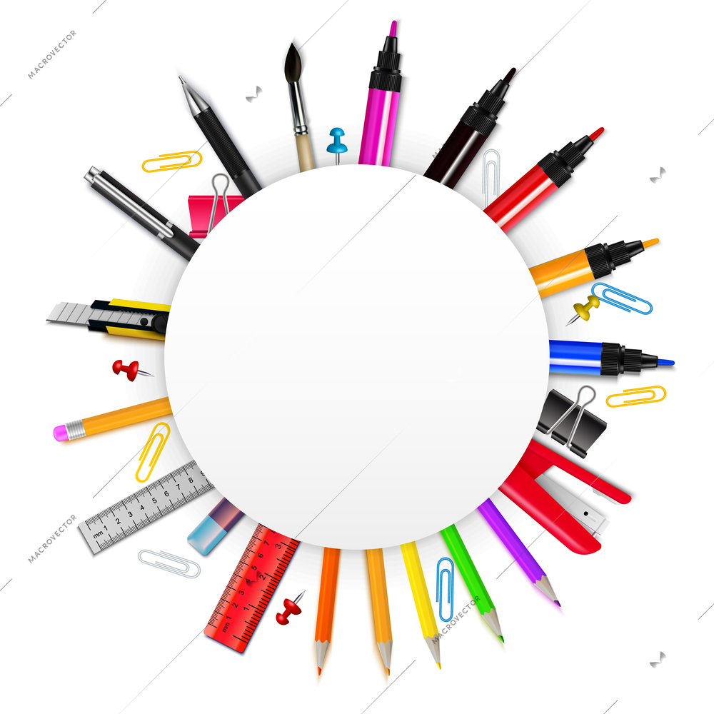 Colorful realistic frame in form of circle with various stationery items on white background vector illustration