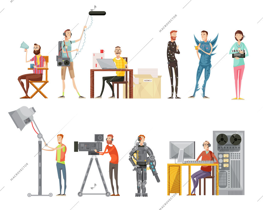 Set of making movie including actors director cameraman sound engineer lighting operator flat style isolated vector illustration