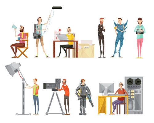 Set of making movie including actors director cameraman sound engineer lighting operator flat style isolated vector illustration