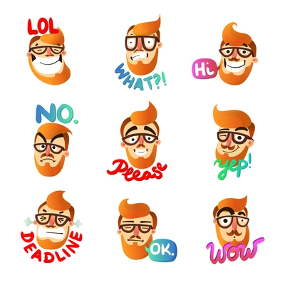 Hipster man face expressing different emotions with speech bubble cartoon isolated on white background vector illustration