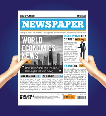 Man reading a newspaper composition with human hands holding economic journal with text paragraphs available for editing vector illustration