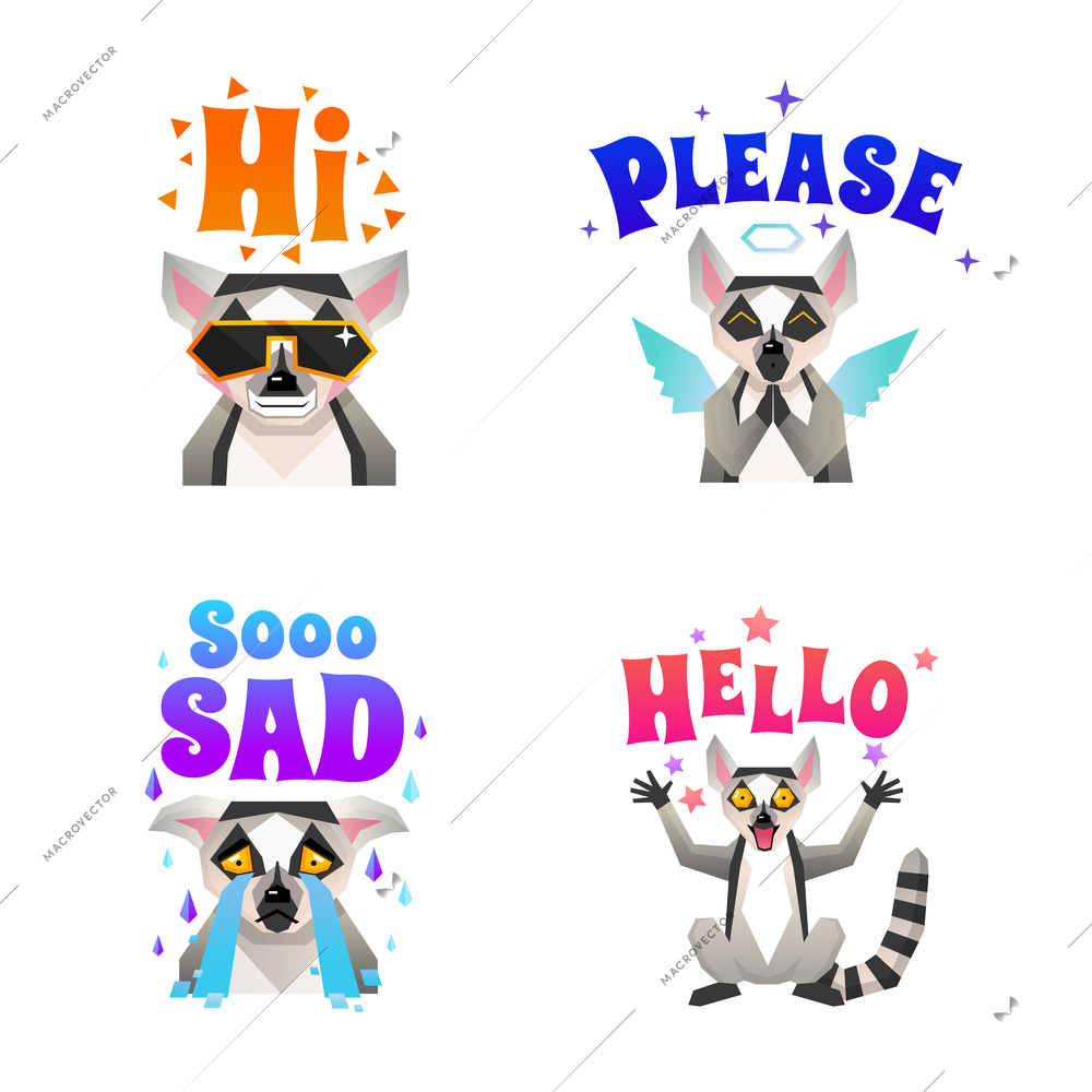 Lemur character emotions 4 funny polygonal icons set with sad please and hi colorful letters isolated vector illustration