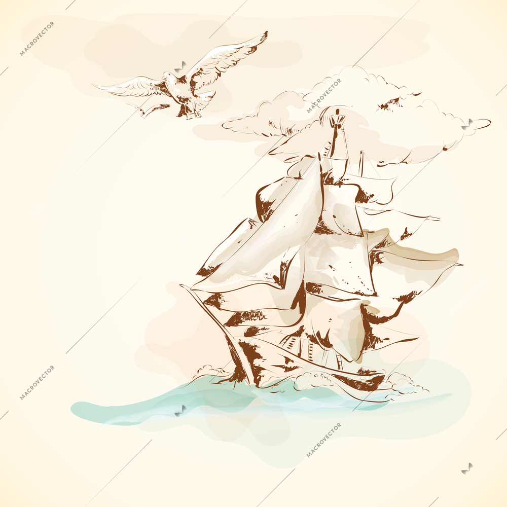 Sea adventure nautical design ancient sailboat pergament poster with seagull handdrawn vector illustration